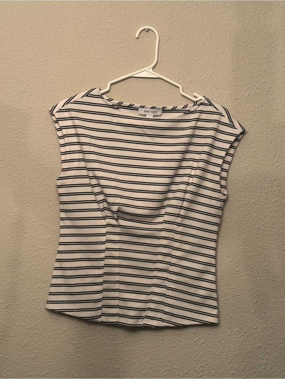 Nine West White and Black Striped Sleeveless Boatneck Top